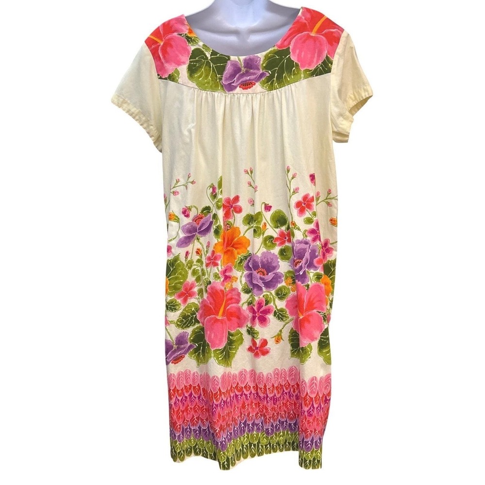 Vintage Ui Maiki Hawaiian Floral Shift Muumuu Dress 70s Tropical Resort Vacation - Picture 3 of 5